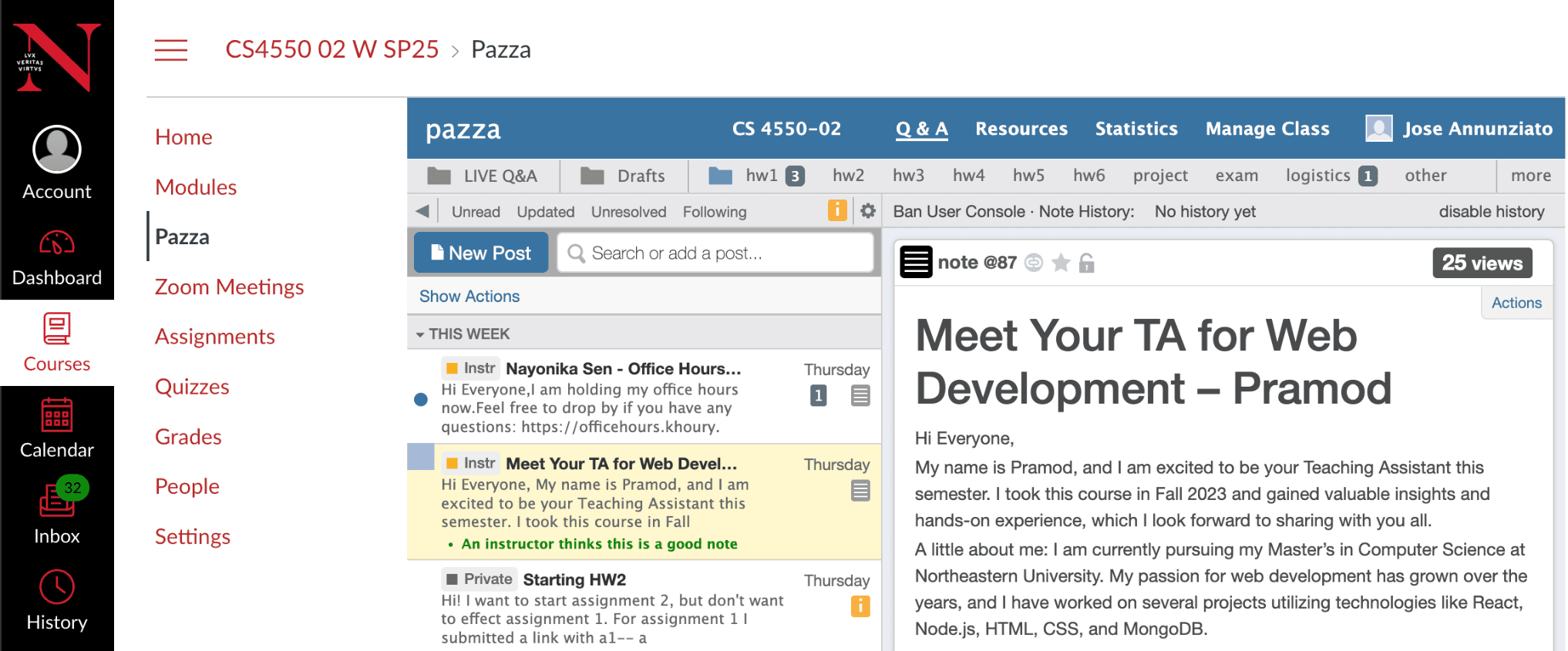 Pazza Q&A embedded in Kambaz, with course navigation on the left and Pazza on the right.