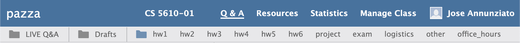Pazza navigation bar with logo, course name, Q&A, Resources, Statistics, Manage Class, and the current user.