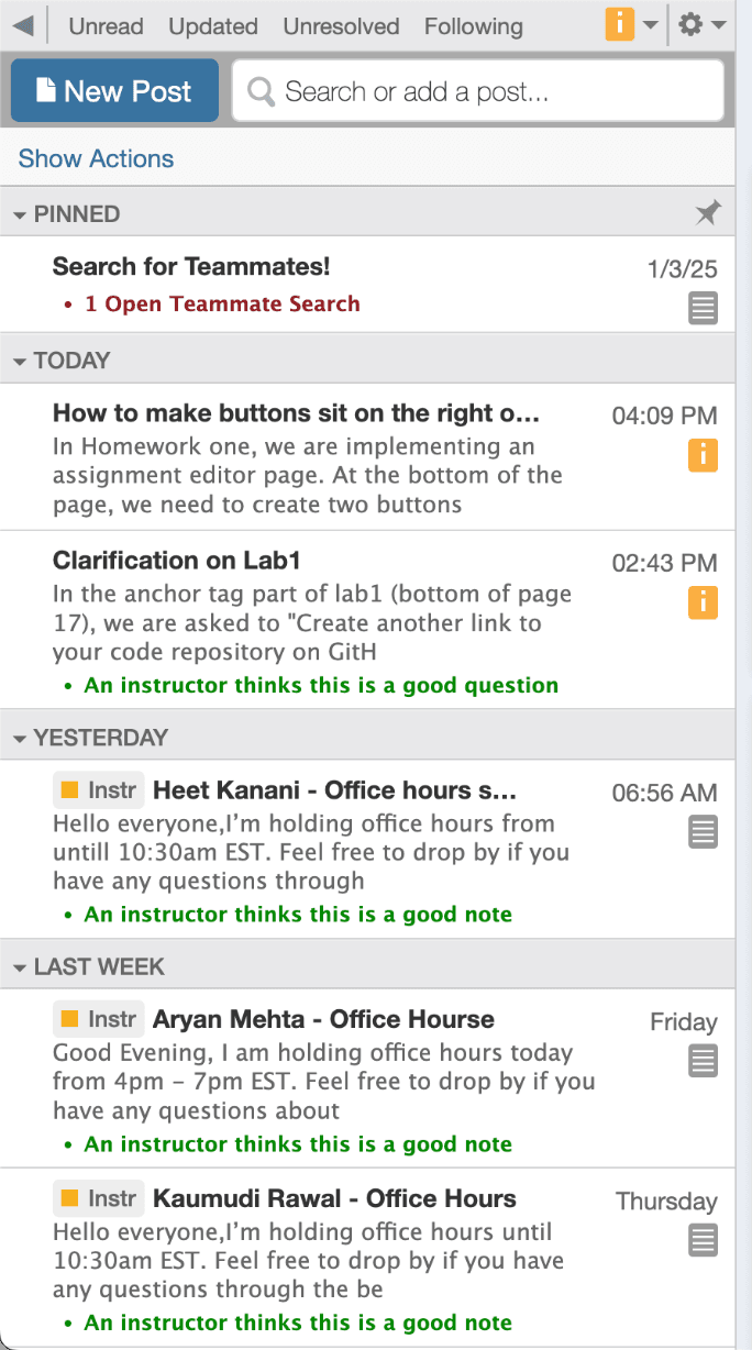 List of Posts sidebar with New Post, search, and posts grouped by date.