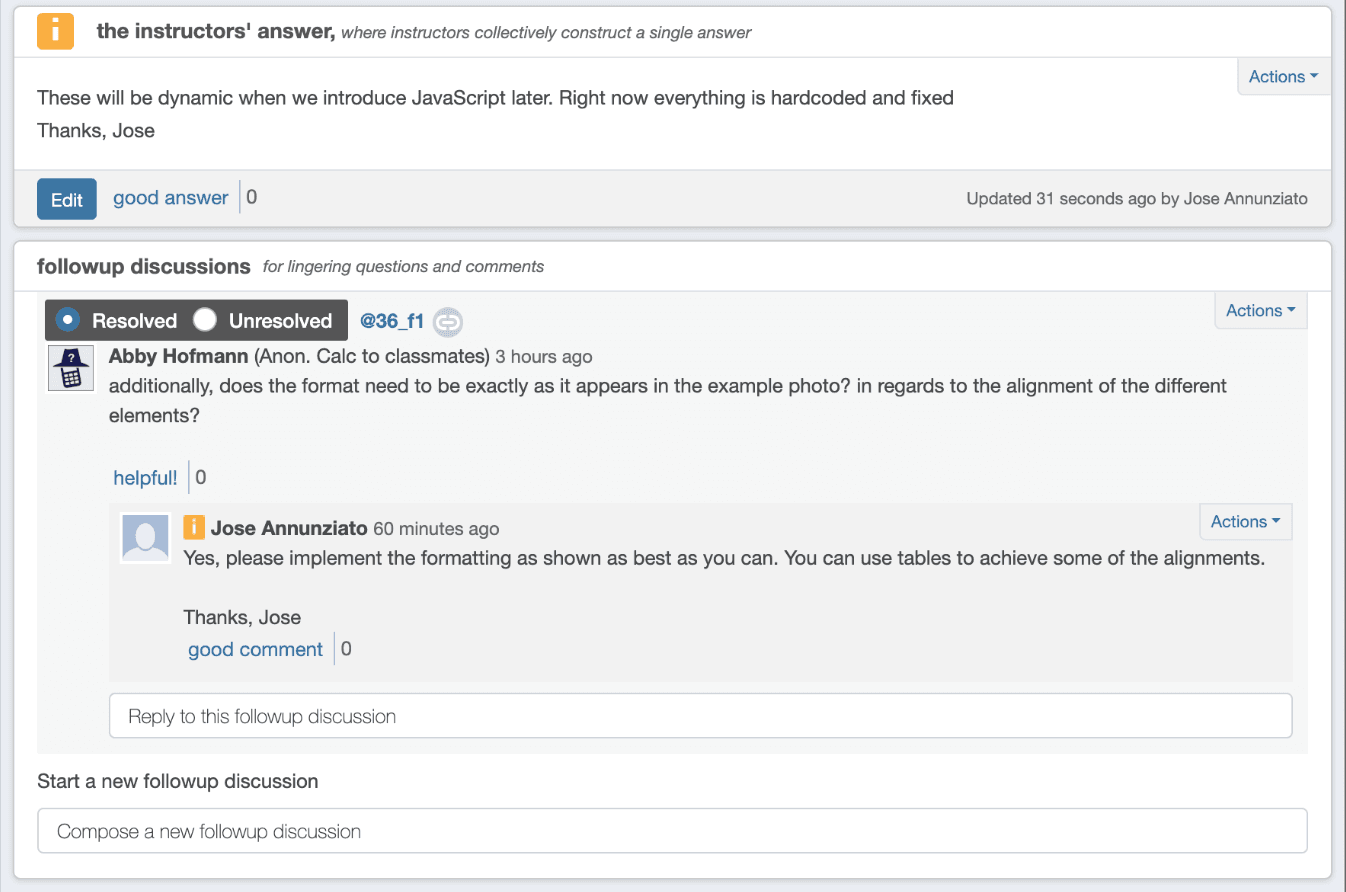 Viewing a question with student answers, instructor answers, and follow-up discussion.