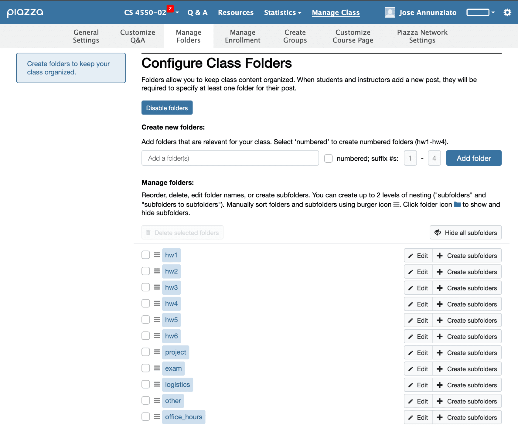 Manage Class screen with the Manage Folders tab and the default folder list.