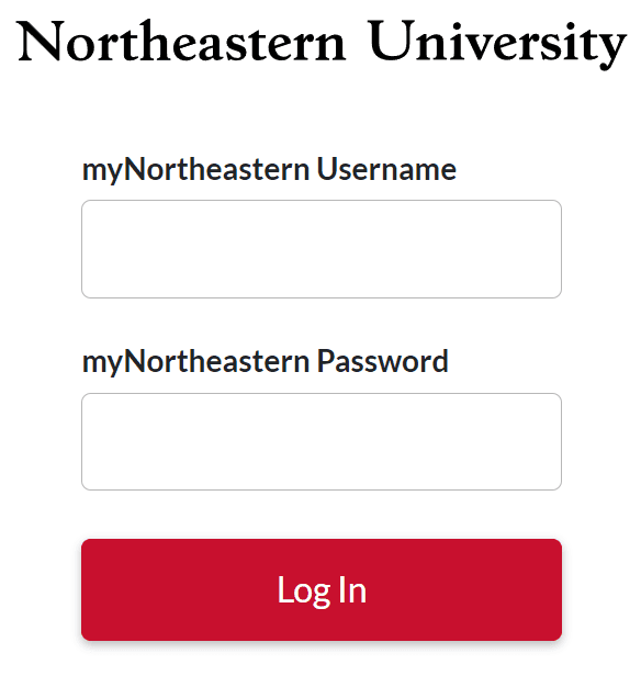 Northeastern myNortheastern username and password login form with a red Log In button.