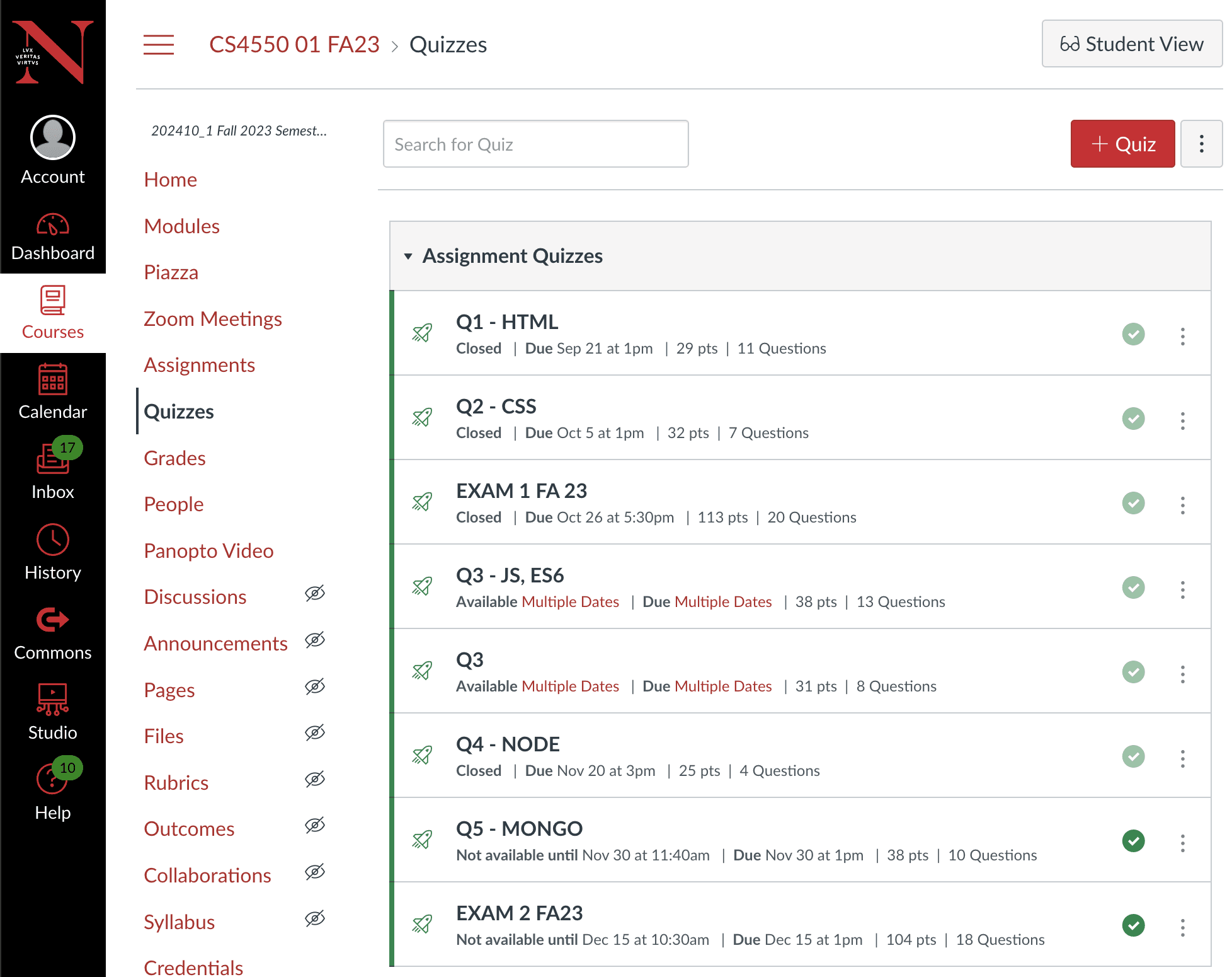 Canvas-style Quizzes list for a course, with quiz titles, availability, due dates, points, question counts, and a + Quiz control.