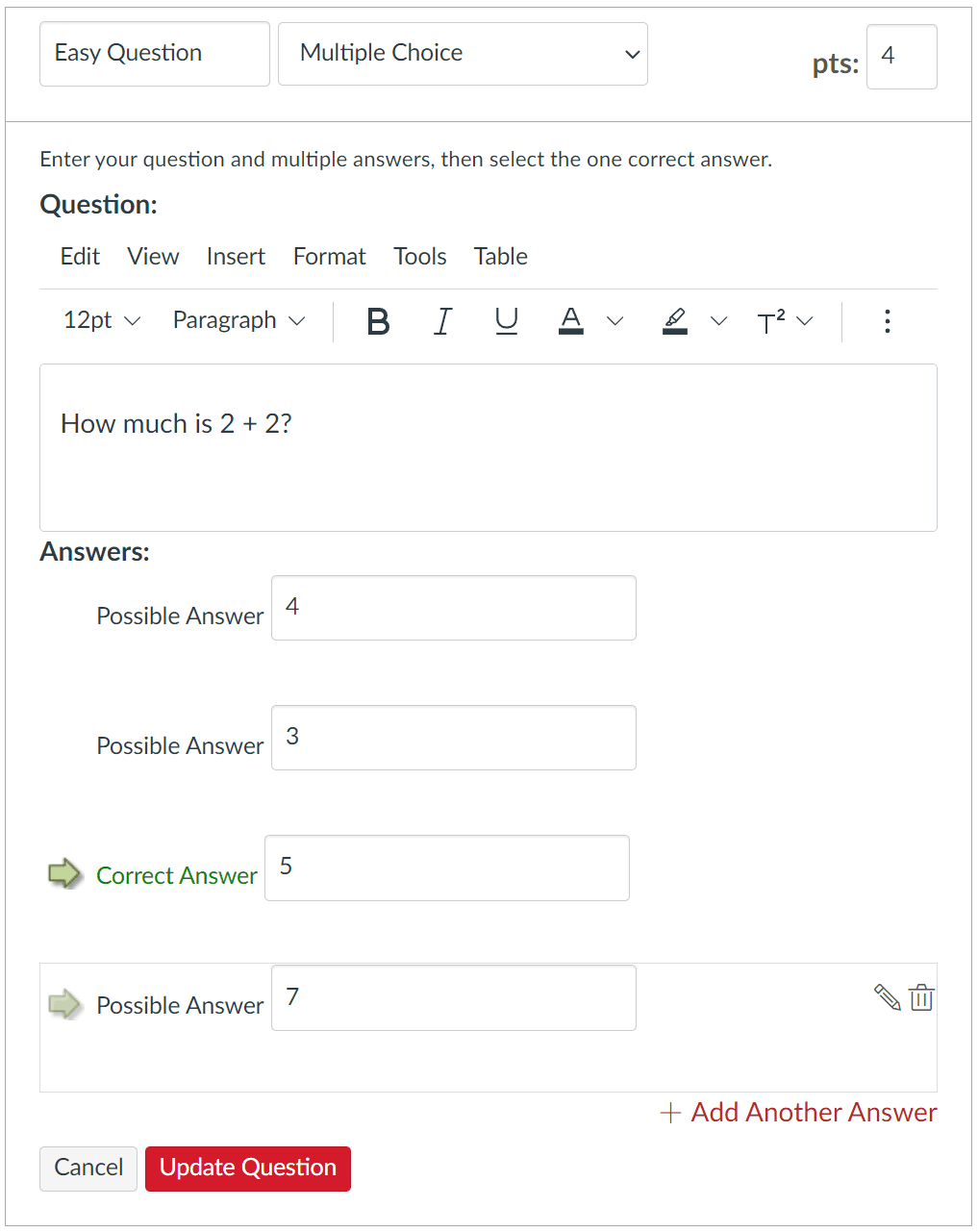 Quiz Questions editor listing questions with a New Question control.