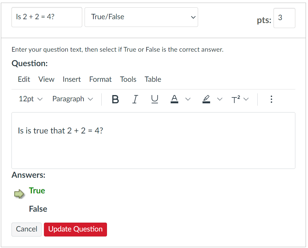 Canvas-style multiple choice question editor with title, points, question body, and choices.