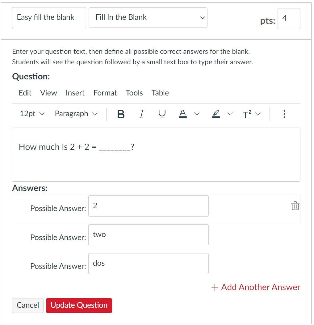 Canvas-style true/false question editor with title, points, question body, and True or False.