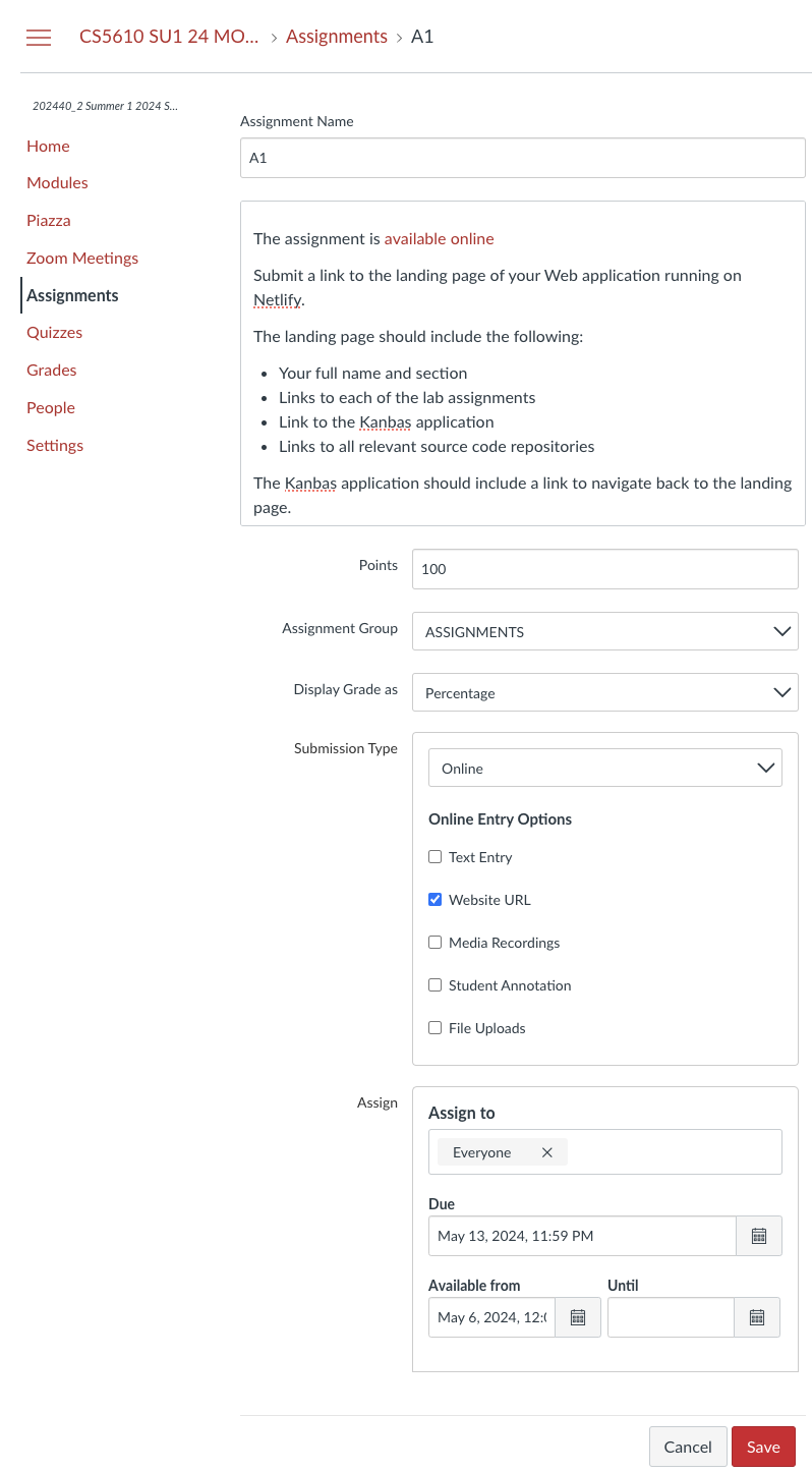 Kambaz Assignment Editor target screenshot