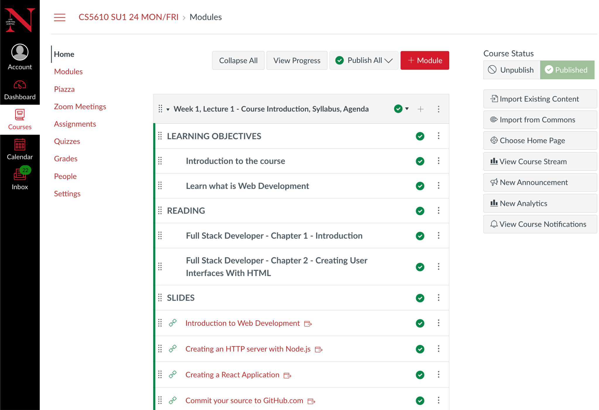 Target Kambaz Home screen with Course Status